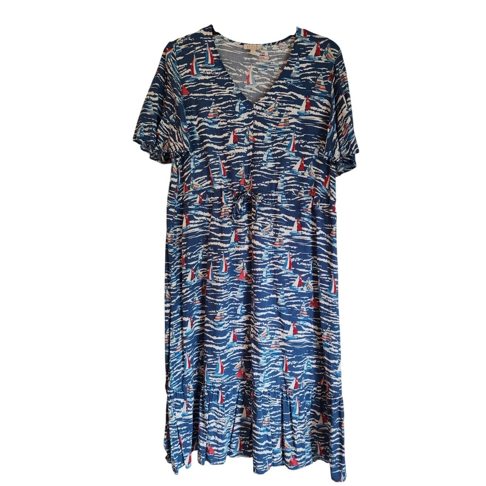 Stitch by Chenault XXL Blue Dress Sailboat Print Tiered Rayon Nautical Coastal